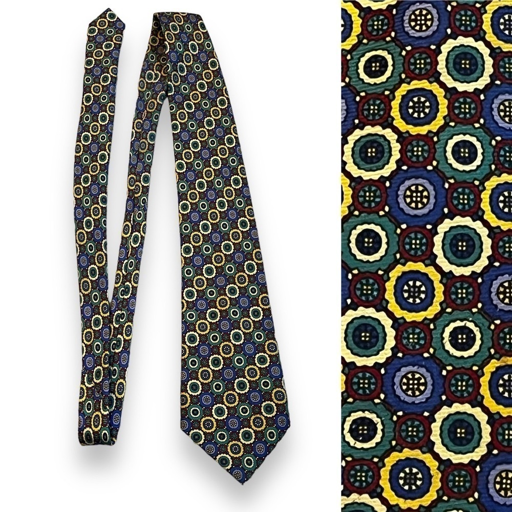 Rochas Paris 100% Silk Neck Tie Colorful Geo Circle Print Handmade Yellow Green